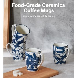 ONEMORE Coffee Mugs Set of 4, 12 oz Porcelain Coffee Cup with Handles, Blue Ceramic Mugs for Latte Cappuccino Tea Cocoa, Microwavable Dishwasher Safe, Scratch Resistant