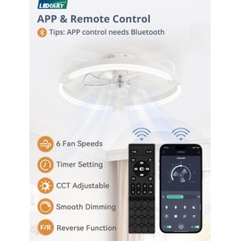 LEDIARY Ceiling Fans with Lights and Remote, 20'' Low Profile Ceiling Fan with Light, 3000-6000K Dimmable Fandelier LED Fan Light, 6 Wind Speeds, White Modern Flush Mount Ceiling Fan for Bedroom