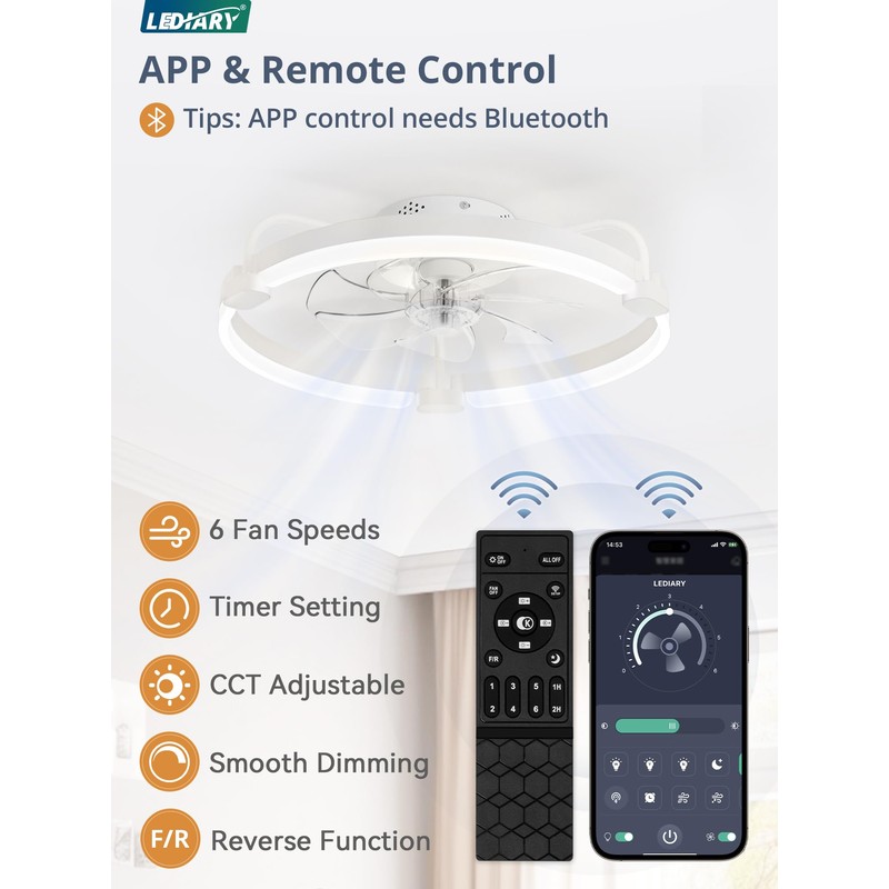 LEDIARY Ceiling Fans with Lights and Remote, 20'' Low Profile