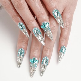 FORBELOVED NAILS,Luxury Silver-Blue Crystal Handmade Press On Nails,Long Stiletto Stick On Nails,Shiny Full Covered Gems,Charming False Nails For Women And Girls,10Pcs/Set With Glue,(Blue-L),FOB