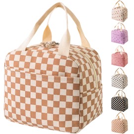 Arae Lunch Bags for Women Reusable - Large Insulated Lunch Box Lightweight Tote for Work, Travel, Beach & Daily Use, Coffee - Chequered