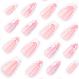 Press On Nails, Summer Flower Fake Nails, Cute Design Floral Stick On Nails, Short Square Almond Ballet Shape Glue on Nails on 24PCS (Almond Pink Purple)