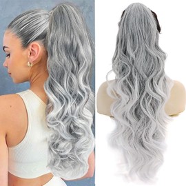 YEESHEDO Ponytail Hairpiece Clip Extensions with Drawstring Long Wavy Black Mix White Hair Extensions Natural Wig Afro Curly Ponytail for Braid (2#)