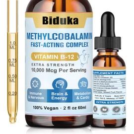 Biduka 10,000mcg Vitamin B12 Sublingual Liquid Drops, Unique Formula with D3, B9(Folic Acid), Calcium, Support Energy, Heart, Mood, Brain, Immune System, Vegetarian, Non-GMO & Gluten Free