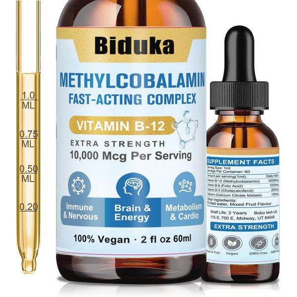 Biduka 10,000mcg Vitamin B12 Sublingual Liquid Drops, Unique Formula with