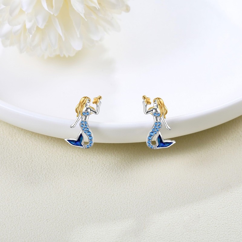 VENACOLY Mermaid Earrings 925 Sterling Silver Mermaid Stud Earrings Mermaid