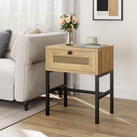 GAOMON Nightstand with Rattan Drawer, Rattan End Table with Metal Frame, Bed Side Table with Open Storage, for Bedroom, Living Room, Dormitory - Natural