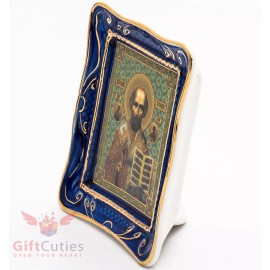 Russian Porcelain Gzhel and gold Christian Icon St. Nicholas Николай Чудотворец