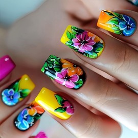 Press on Nails Medium Fake Nails Square Colorful Flower Design Green Leaf Glue on Nails Gradient False Nails Square Mdeium Nails Press ons Glossy Acrylic Artificial Stick on Nails for Women 24Pcs