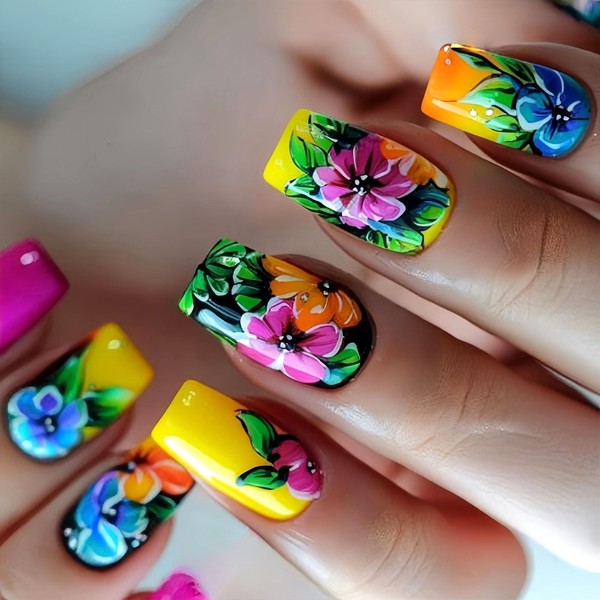 Press on Nails Medium Fake Nails Square Colorful Flower Design