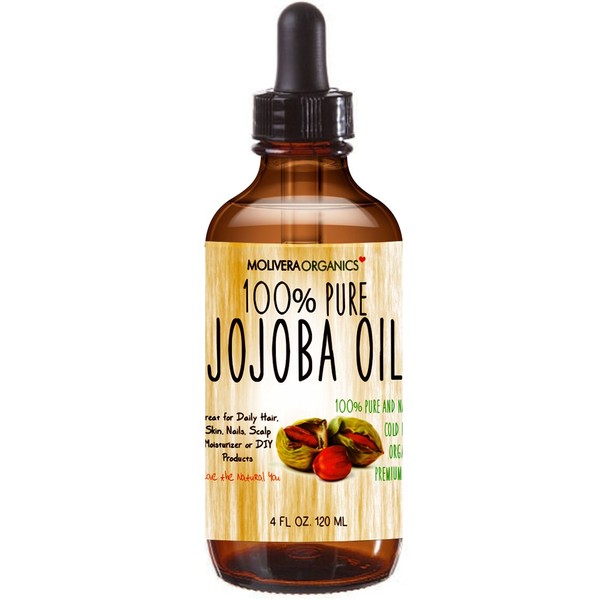 Jojoba Oil - Molivera Organics Premium Jojoba Oil 4 Fl Oz. 100% Pure Organic Cold Pressed Unrefined Best for Hair, Skin, Face & Nails – Great for DIY – UV Resistant Bottle–Satisfaction Guarantee