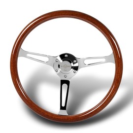 RACING9SPEED W-POWER Universal 15-Inch 380MM 6-Hole 3-Spoke 3" Deep Dish Steering Wheel w/Horn Button, Car Mods Interior Accessories, Auto Replacement Parts Assembly (Brown Wood Grain/Chrome Center)