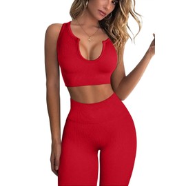 QINSEN Workout Outfits for Women 2 Piece Ribbed Seamless Crop Tank High Waist Yoga Leggings Sets Red M