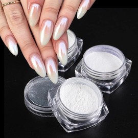 GZMAYUEN White Pearl Chrome Nail Powder, Mirror Effect Pearlescent Chrome Pigment Powder for Nails, Ice Aurora Nail Powder 3Pcs