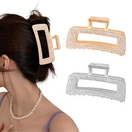 CURASA Rhinestone Hair Claw Clips For Women 2PCS Rectangle Crystal Jaw Clip Strong Hold Elegant Bling Hairclip Gold & Sliver Metal Clawclips For Styling Wedding Party Accessories For Thin Thick Hair