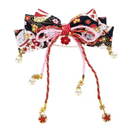 OTAKUMARKET Hair Ornament, Ribbon, Hakama, Graduation Ceremony, Kimono, Yukata, Long Sleeve, Shichi-Go-San Festival, Hair Decoration, Ribbon, Japanese Style, With Bell, Tsumami Jewelry, Hair Accessory, 1 Piece (Black Red Cat)