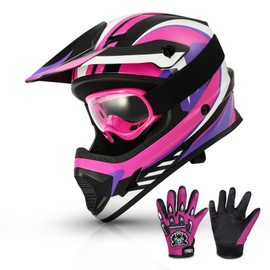 TCMT Dot Youth & Kids Motocross Offroad Street Helmet Full Face Motorcycle Youth ATV Helmet Dirt Bike Motocross ATV Helmet+Gloves+Goggles Rose Red-XL