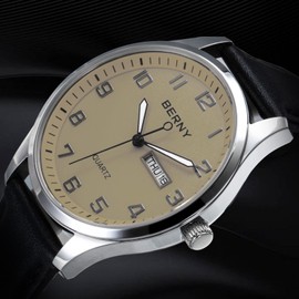 BERNY Men's Easy Reader Watch Standard Analog Display Quartz Leather Strap Wristwatch Classic Elegant Day-Date Watch for Men (Grey Dial)