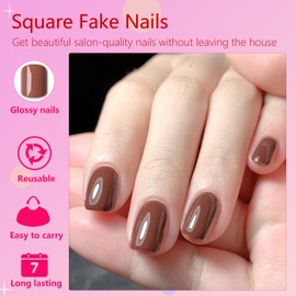 AddFavor Caramel Press on Nails Short Square Fake Nails, 240pc Short Nails Press ons 12 Sizes Squoval False Acrylic Nail Stick on Nails for Women