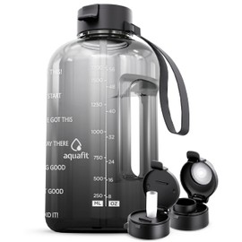AQUAFIT Half Gallon Water Bottle with Time Marker - Straw & Chug Lid - BPA Free Gym Water Bottle with Straw - Big Gallon Jug (Midnight Gray, 64 oz - 2 Lids)