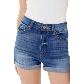 Kancan High Rise Hem Detail Denim Shorts - KC7326 (Medium Wash, S)