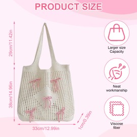 Knitted Beach Tote Bag with Bow - 14.2 x 24 Inch Large Summer Beach Bag for Women, Lightweight Cotton Boho Handbag for Pool, Travel & Shopping (Pink)