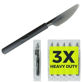 3X Heavy Duty Plastic Knives Individually Wrapped, Sturdy Like Silverware, 100 Pack Black Disposable Plastic Knives Bulk, Packaged To-Go Utensil Set, Perfect for Restaurant, Take Out and Catering.