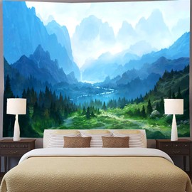 FENDROM Forest Tapestry for Bedroom Aesthetic Nature Foggy Mountain Tree Wall Tapestry Landscape Backdrop Green Woodland Scenery Wall Hanging for Living Room Ceiling Decor