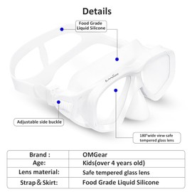 OMGear Goggles Kids Swimming Silicone Swim Mask Snorkeling Gear for Kids Tempered Glass Snorkel Goggles with Nose Cover Scuba Diving Goggles with Cute Neoprene Mask Strap Cover (White)