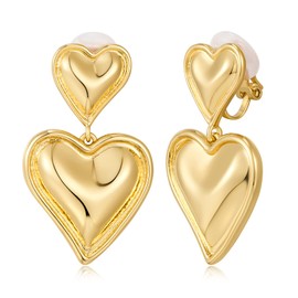 WOWORAMA Gold Heart Clip On Earrings for Women Polished Love Heart Clip On Earrings Double Heart Clip Drop Earings Heart Statement Clip On Earrings Valentines Gifts