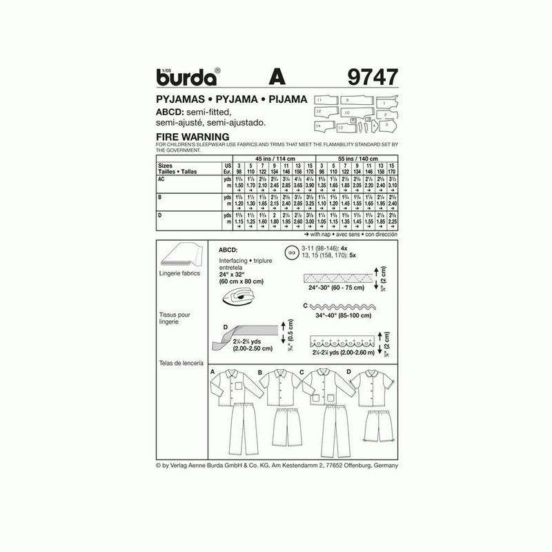Burda Sewing Pattern 9747 Pyjamas Size 98-170