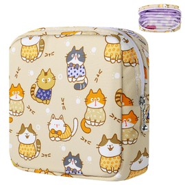 Likesing Period Bag Pouch, Canvas Sanitary Napkin Storage Bag for Girls Womens, Portable Sanitary Napkin Period Pad Pouch for Purse, Small Make Up Bags(Khaki Cat)