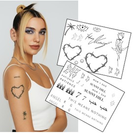 Pop Icon Tribute Temp Tattoo Set with Barbed Heart, 245, Angel, Rose Linework & More – Multi-Size Arm & Hand Designs. 2 Packed A5 sheets, Dua inspired