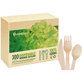 ANGLE-Disposable Wooden Forks, Spoons, Knives Set,Wood Cutlery,Eco Friendly,100% Compostable (300 Mix (100 Forks, 100 Spoons, 100 Knives))