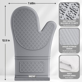 Silicone Oven Mitts, Heat Resistant Oven Gloves with Quilted Liner, Waterproof & Non-Slip Kitchen Mittens for Baking Cooking BBQ, 500°F, 12.5"-Light Gray