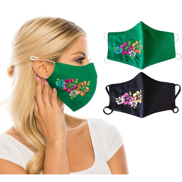 unik Special Edition Large Cloth Face Covering with Hawaiian Hibiscus Flowers Embroidered on The Side, Filter Pocket,2 Pack, Washable and Reusable (Black & Green) Large Size