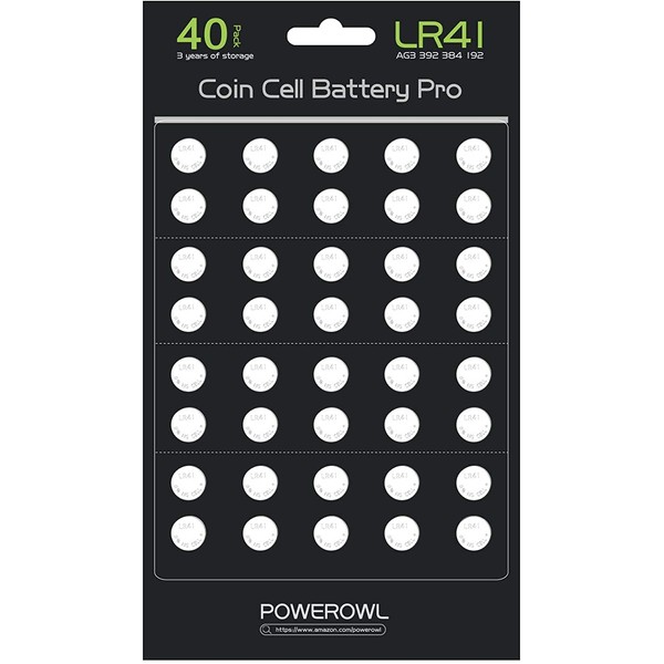 POWEROWL 40 Pack LR41 AG3 L736 392 384 192 Battery 1.5V Button Coin Cell Batteries [Battery Cells Updated, More Long Lasting]