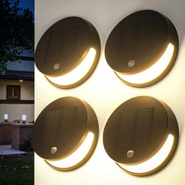 Mofkirg 4 Pack Solar Light Outdoor, Waterproof, 2025 Model, 3000K Warm White, 1800mAh Lithium Battery, 300 Lumens, Motion Sensor, Solar Lights for Wall, Outdoor Step, Fence, Yard, Patio