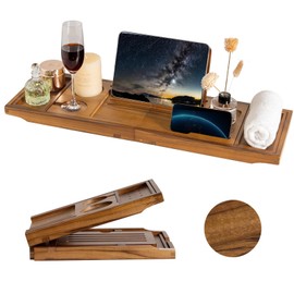 Teak Bathtub Tray Expandable Bathroom Tray for Home Spa Relaxation, Wooden Tray Caddy for Bathtub, Teak Bathtub Caddy as Unique Housewarming, Birthday, Wedding Shower Gifts (Light Walnut)