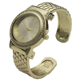 Blekon Collections Quartz Womens Rhinestone Bezel 34mm Case Metal Bangle Cuff Watch (Gold)