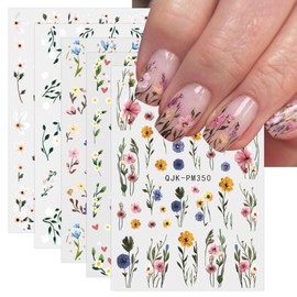 JMEOWIO 9 Sheets Colorful Flower Nail Art Stickers Decals Self-Adhesive Spring Summer Floral Nail Supplies Design Decoration Accessories