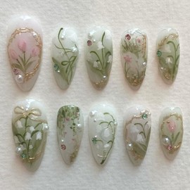 Medium Press on Nails Almond Glue on Nails Green Leaves Acrylic Nails Cute Translucent Nails Press ons Cymbidium Fake Nails Pearls & Summer Stick on Nails for Women 24 Pcs