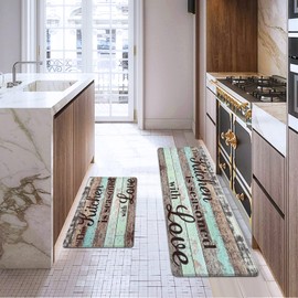 Farmhouse Kitchen Mats Sets 2 Piece Memory Foam Kitchen Rug Waterproof, Rustic Wooden Kitchen Rugs and Mats for Home & Office, Non Slip Cushioned Anti-Fatigue Comfort Mat, 18'' x 30'' + 18'' x 60''