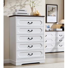 LIDYUK 5 Drawer Dresser for Bedroom Farmhouse White Wood Chest of Drawers for Bedroom Dresser, Rustic 46" Tall Wide Drawers Dressers Wooden Closet Storage Cabinet, Hallway, Living Room