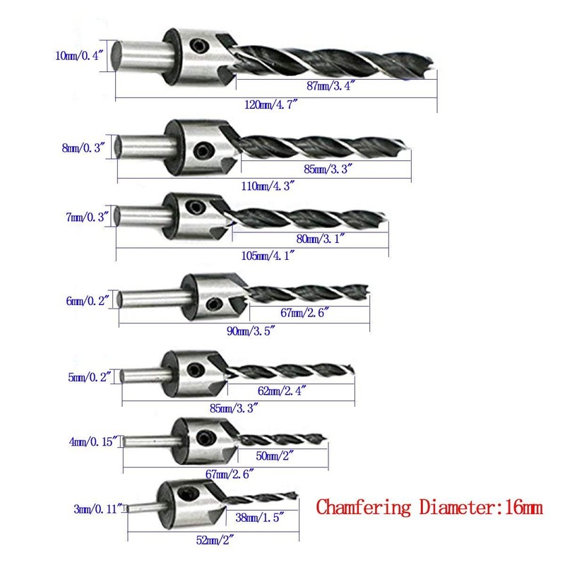 Woodworking Drilling or Chamfer tool,8PCS 5/8" 1/2" 3/8" 1/4" Wood