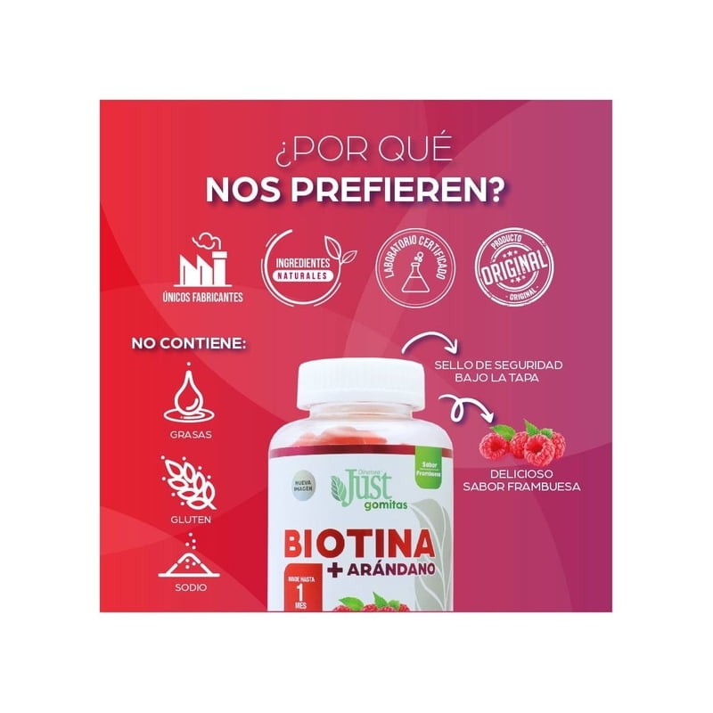 Suplemento alimenticio Olnatura Just biotina + arándano sabor frambuesa 120