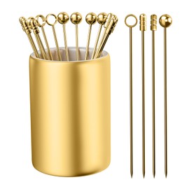 12Pack Metal Cocktail Picks + Holder Kit, Premium 304 Stainless Steel Cocktail Toothpicks,Reusable Skewers,Garnish Picks, Martini Picks for Olives Appetizers Fruit (4 Styles Golden)