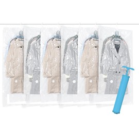 Wenrecu Hanging Vacuum Bags for Clothes, Pack of 6, 110 x 70 cm Vacuum Bags with Hand Pump, Space Saving Wardrobe Organiser, Vacuum Bags for Seasonal Clothing, Dresses, Suits, Coats, Jackets