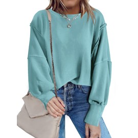Nirovien Womens Oversized Crewneck Sweatshirt Side Slit Long Sleeve Pullover Slouchy Fit Tops(Sage Green,M)