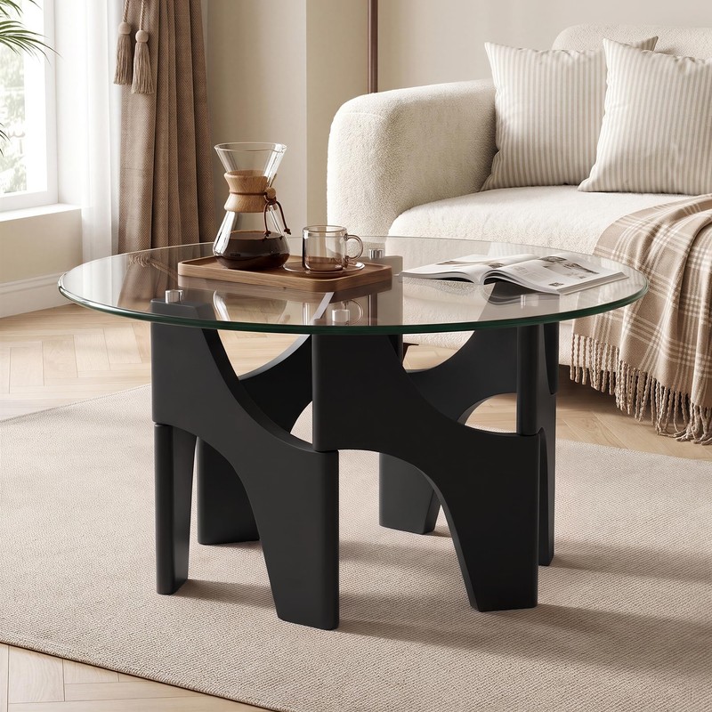 Round Glass Coffee Table, 29.5'' Mid Century Center Table, Black